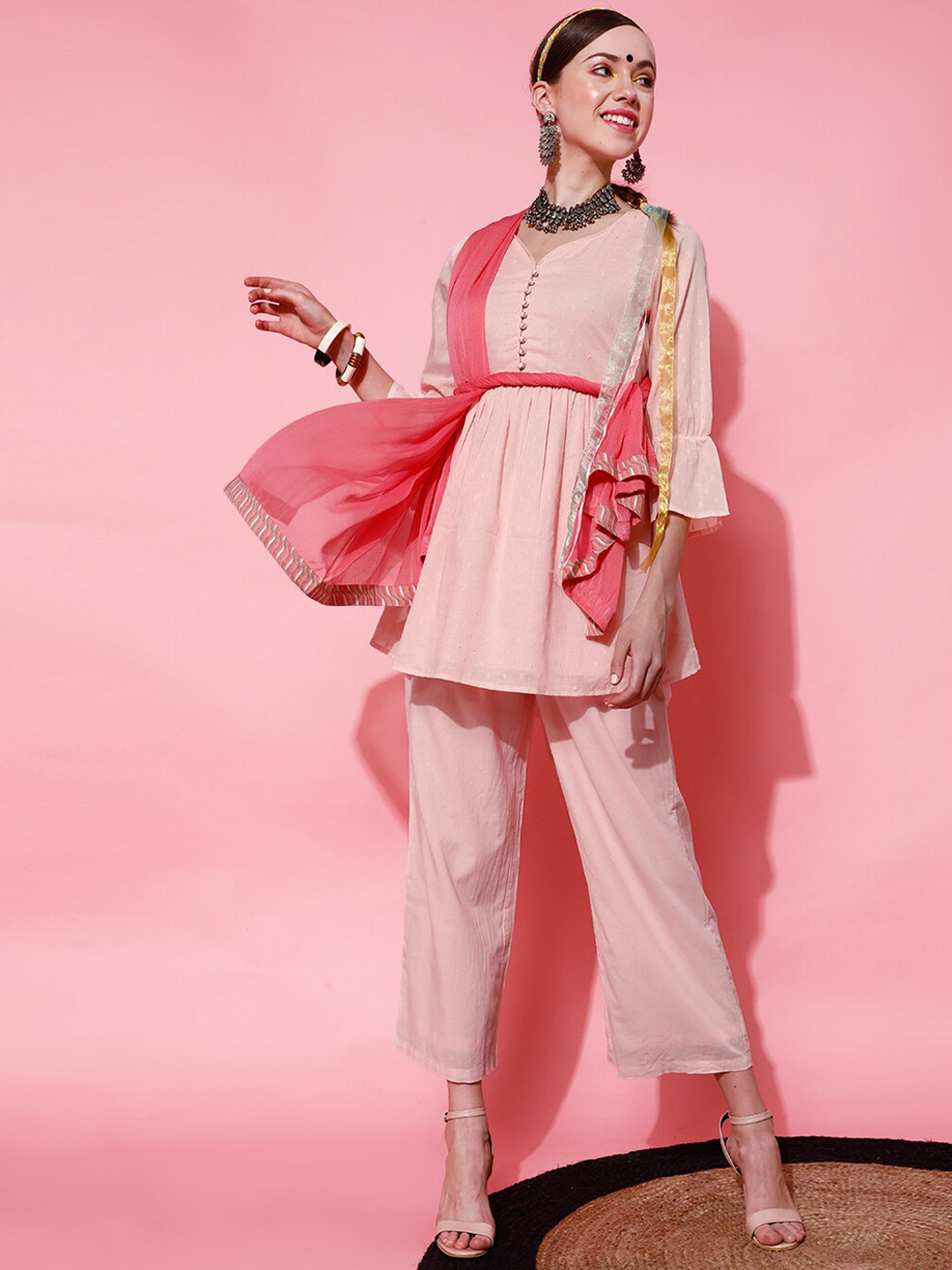 indo street Self Design Pure Cotton Empire Kurta With Palazzos & Dupatta