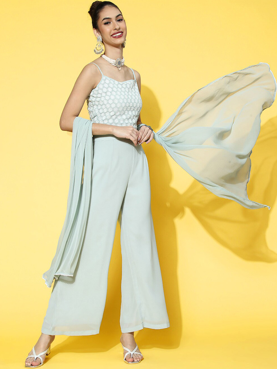 indo street Women Embroidered Crop Top Palazzo & Dupatta Co Ords