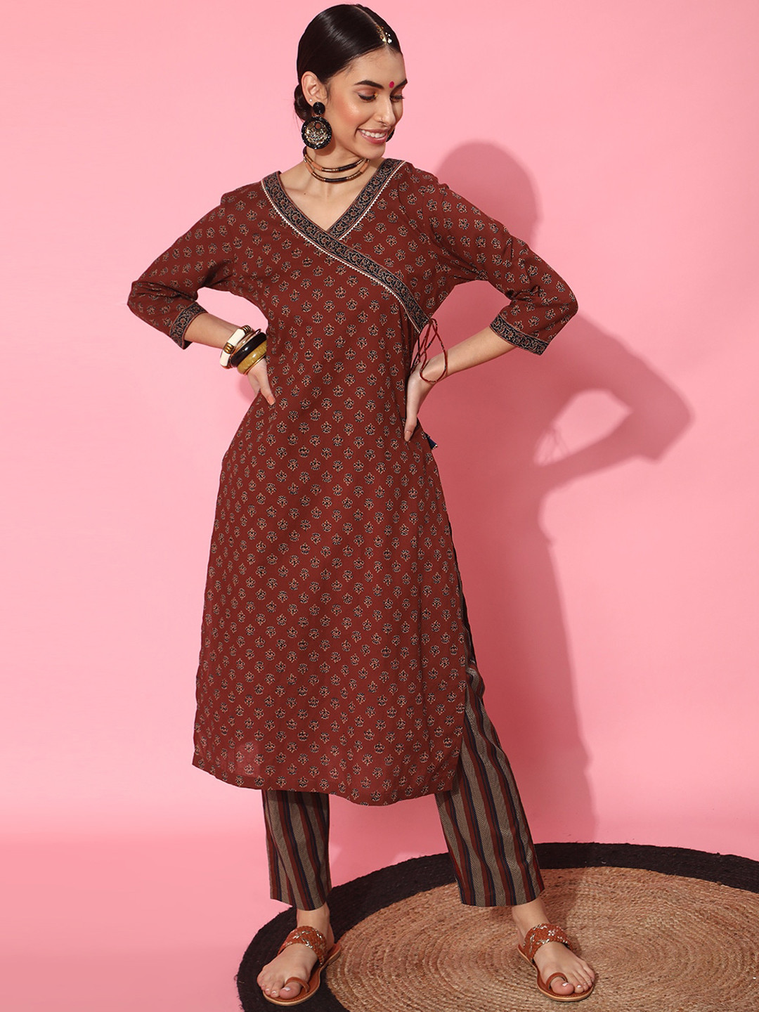 indo street Ethnic Motifs Printed Angrakha Gotta Patti Pure Cotton Kurta with Trousers