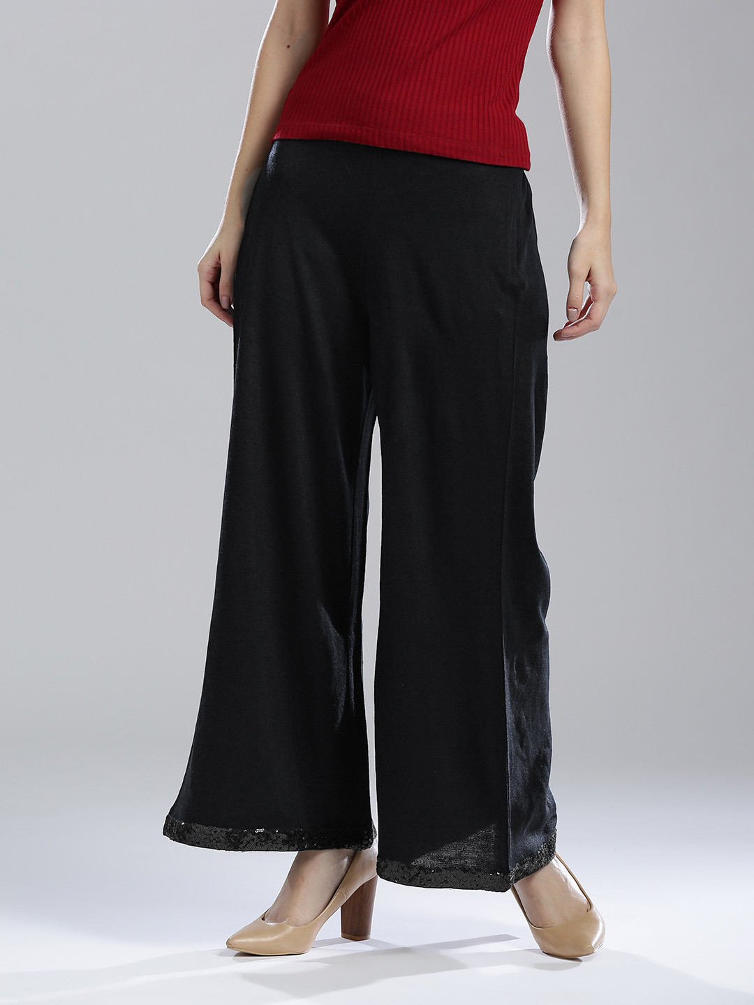 W Women Navy Wide Leg Solid Palazzos