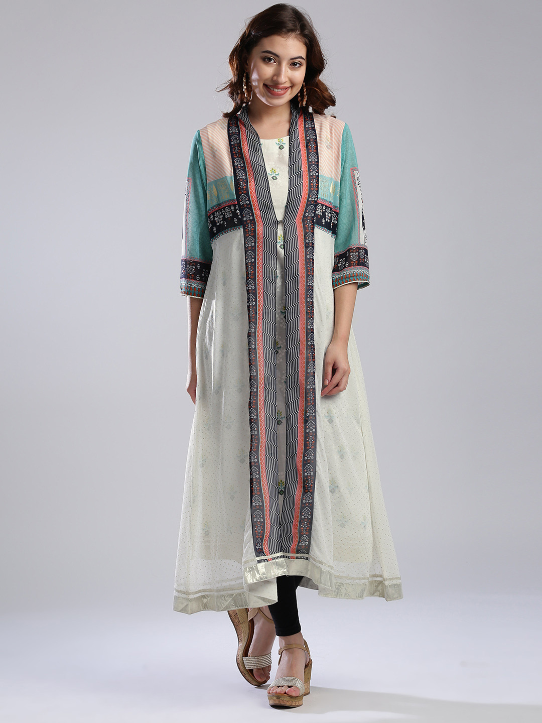 W Women Off-White & Green Printed A-Line Kurta with Longline Ethnic Jacket