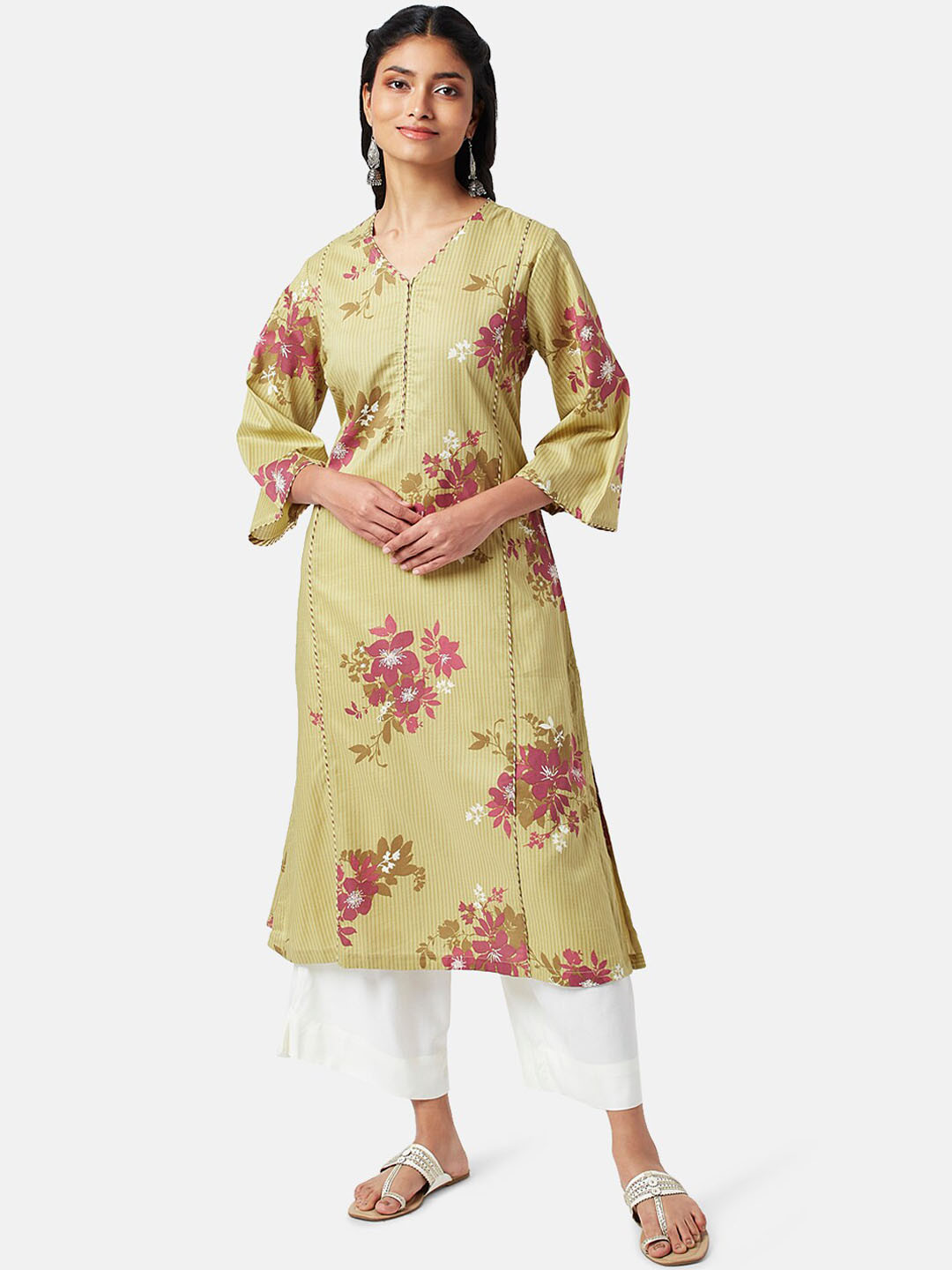 RANGMANCH BY PANTALOONS Floral Printed V-Neck Pure Cotton Kurta