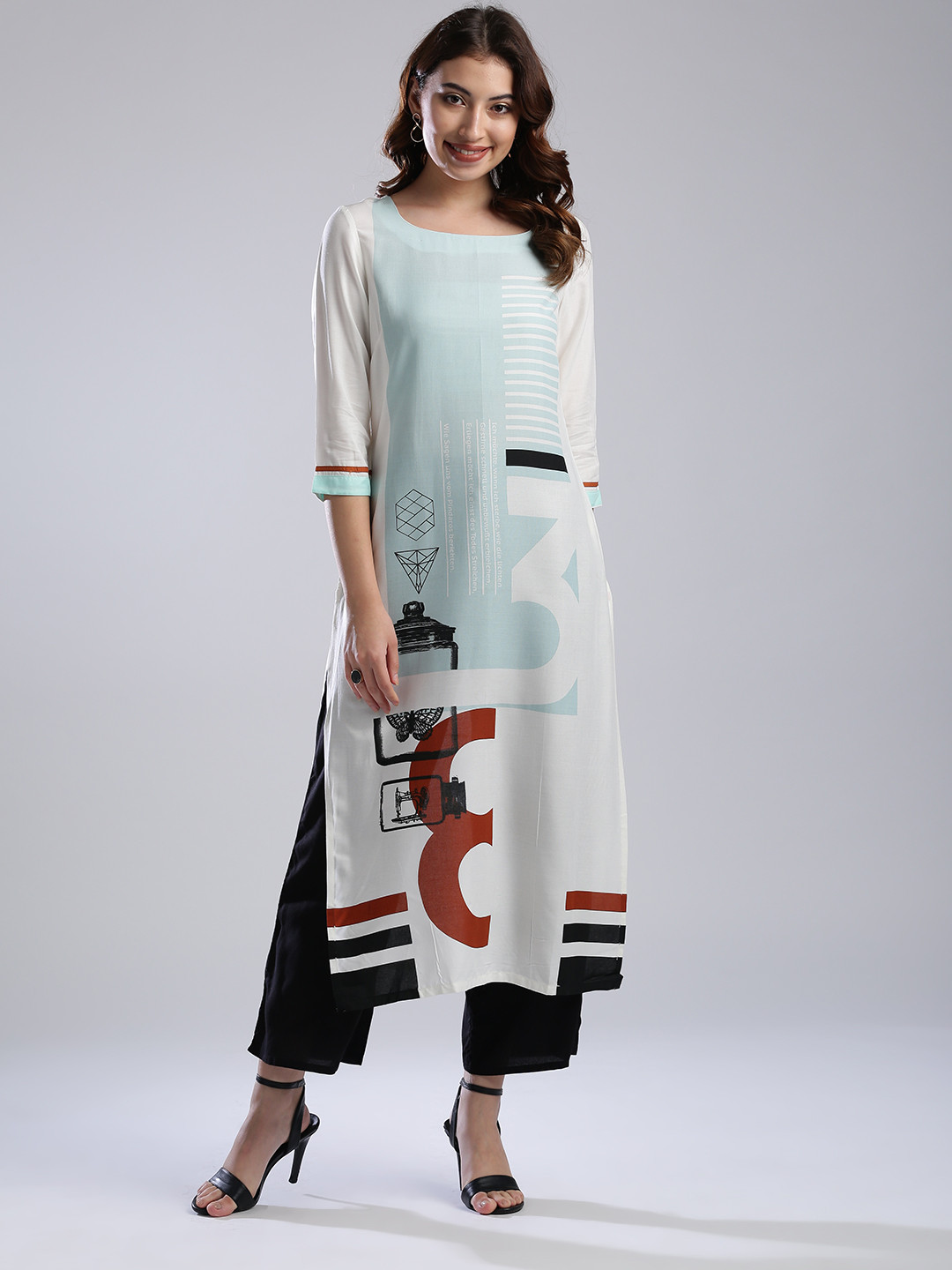 W Women White & Blue Quirky Print Straight Kurta