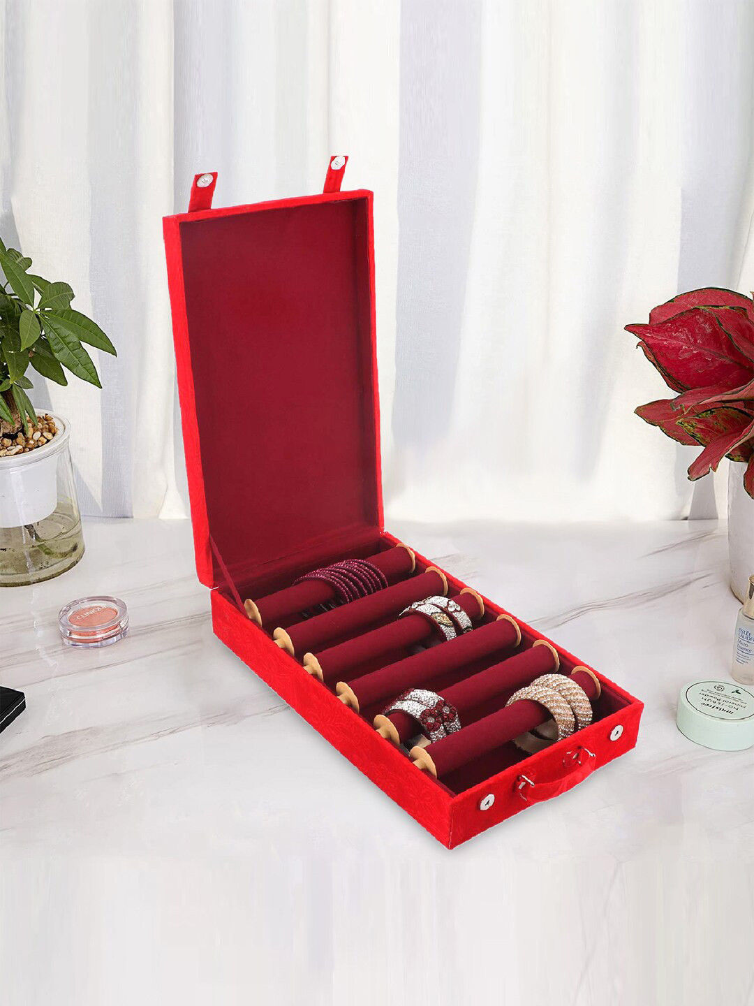 Kuber Industries Red Floral Printed Wooden Jewellery Organiser With Removable Rod & Handle