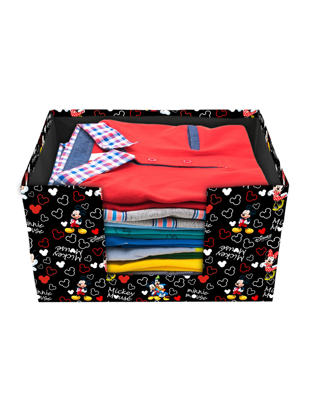 Kuber Industries Black & Red Mickey Mouse Printed Foldable Shirt Stacker With Handle