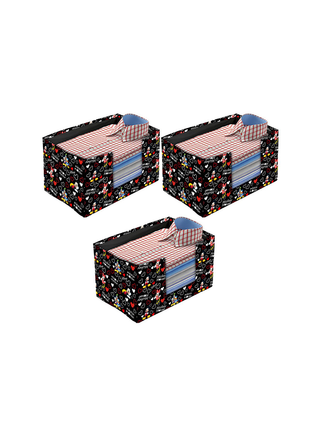 Kuber Industries Black & Red 3 Pcs Printed Foldable Shirt Stackers With Handle