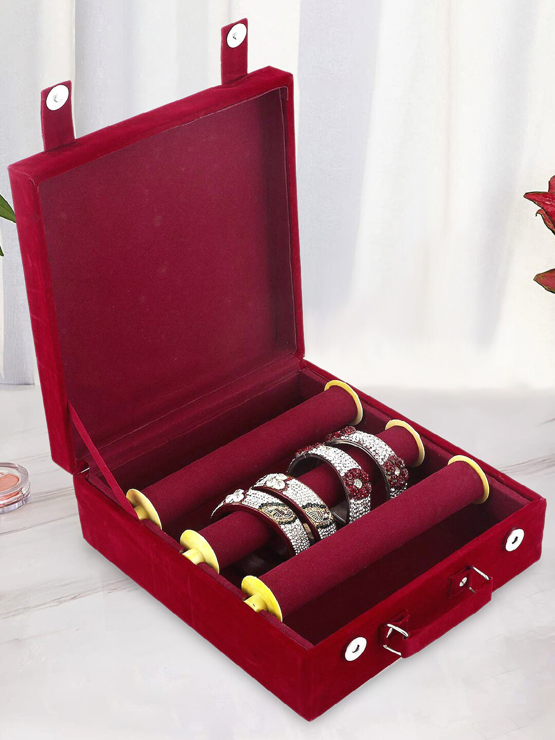 Kuber Industries Maroon Wooden 3 Rod Bangle Box With Handle Jewellery Organiser