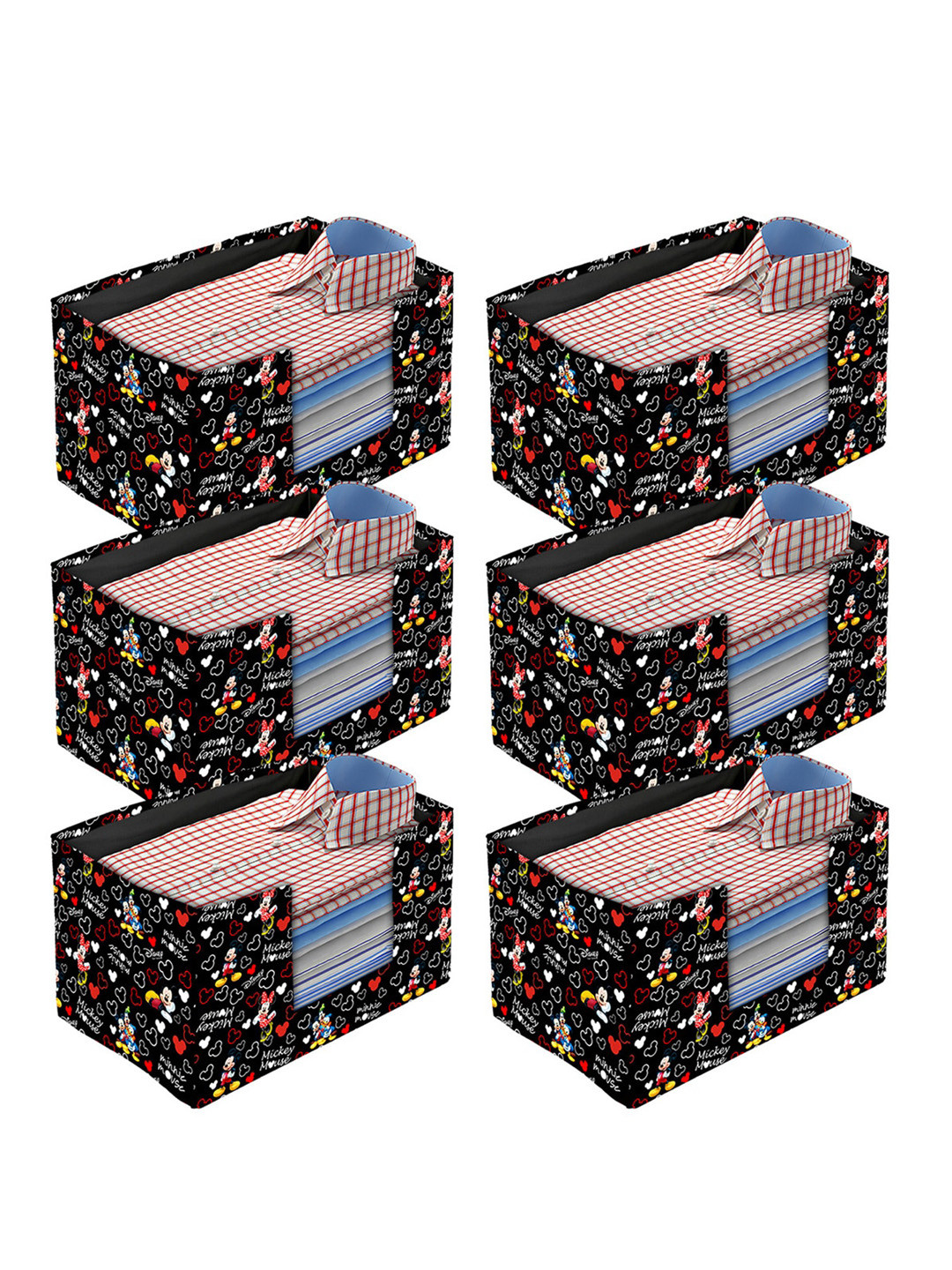 Kuber Industries 6-Pcs Black & White Mickey Mouse Printed Foldable Shirt Stacker With Handle