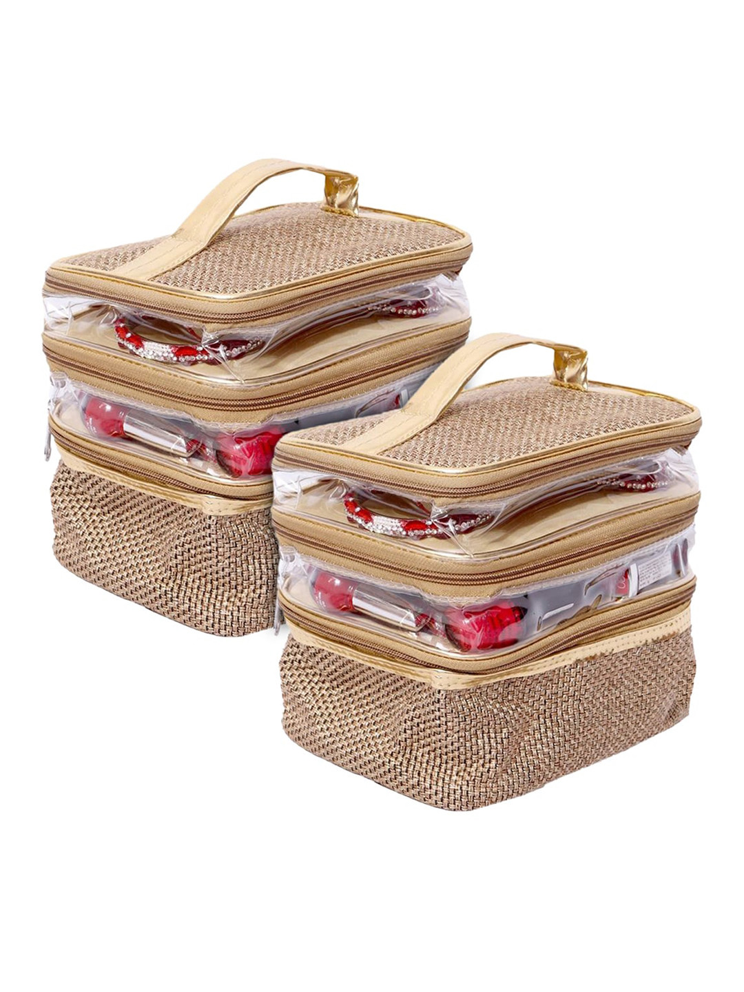 Kuber Industries 2-Pcs Gold-Colored Textured Jute Jewellery Organizer For Bangles