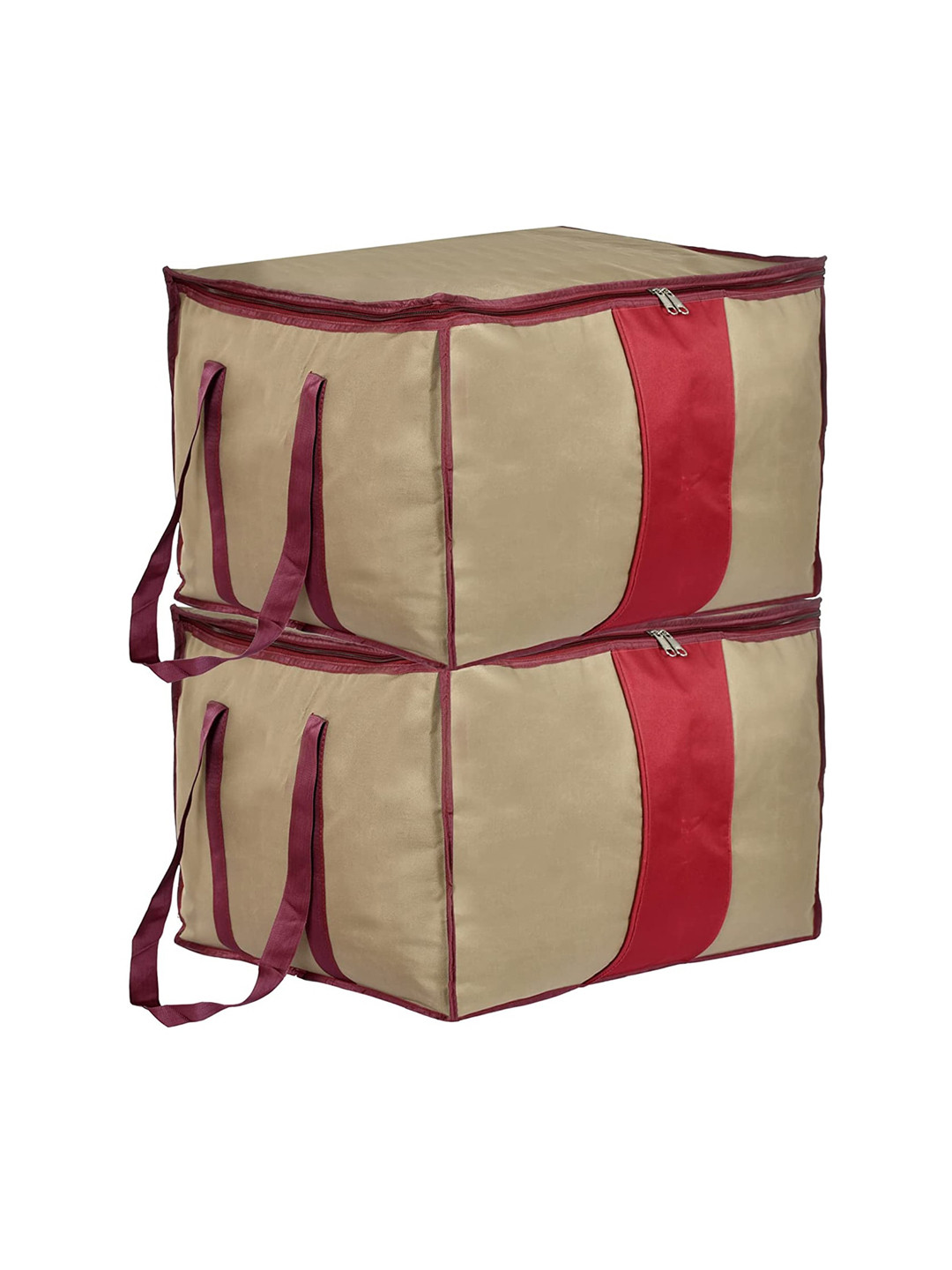 Kuber Industries Beige & Red 2 Pcs  Foldable Underbed Storage Bags With Handle