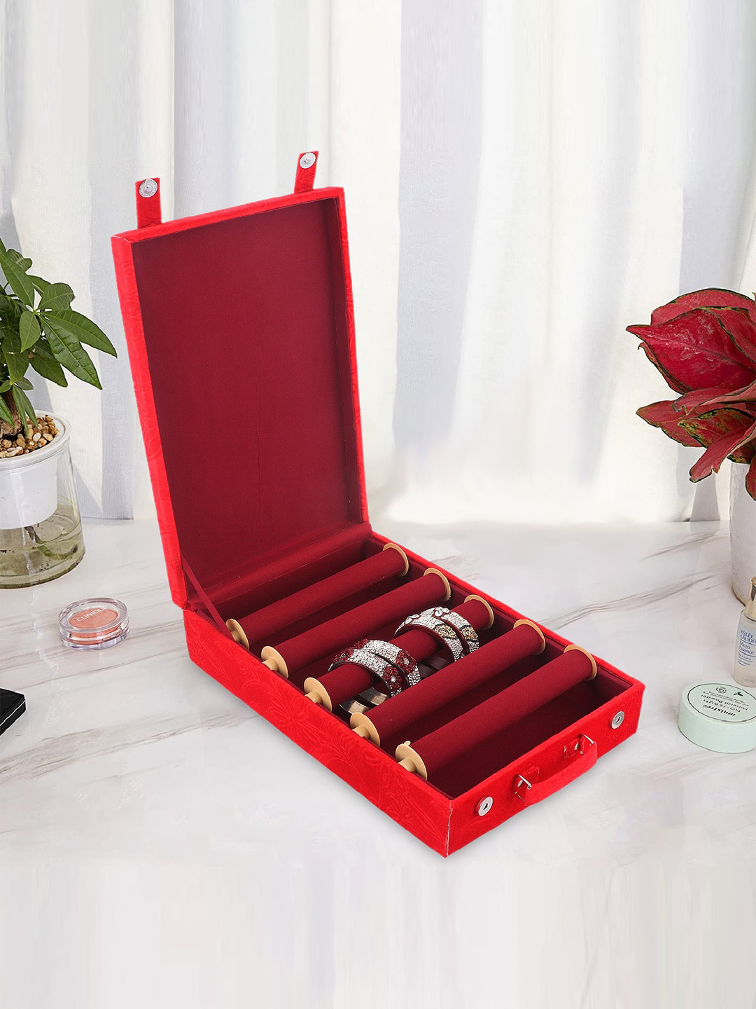Kuber Industries Red Self-Designed 5 Rod Bangle Box With Removable Rod & Handle Jewellery Organiser