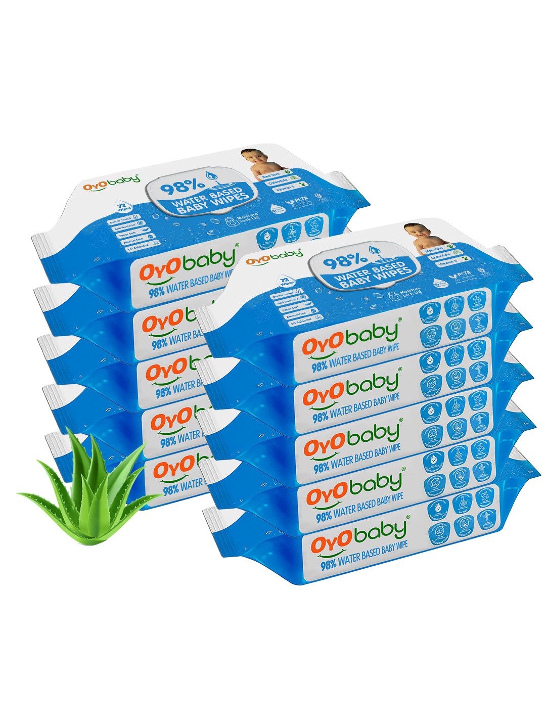 OyO Baby Set of 10 Water Based Baby Wipes with Aloe Vera - 72 Wipes Per Pack