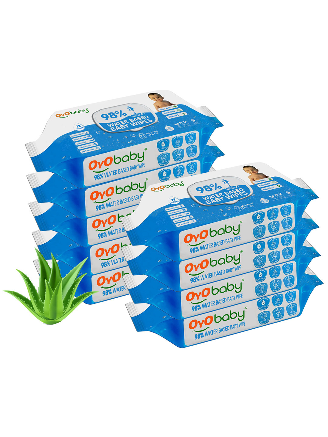 OyO Baby Set of 9 XtraHydrating Water Based Baby Wipes - 72 Wipes Per Pack