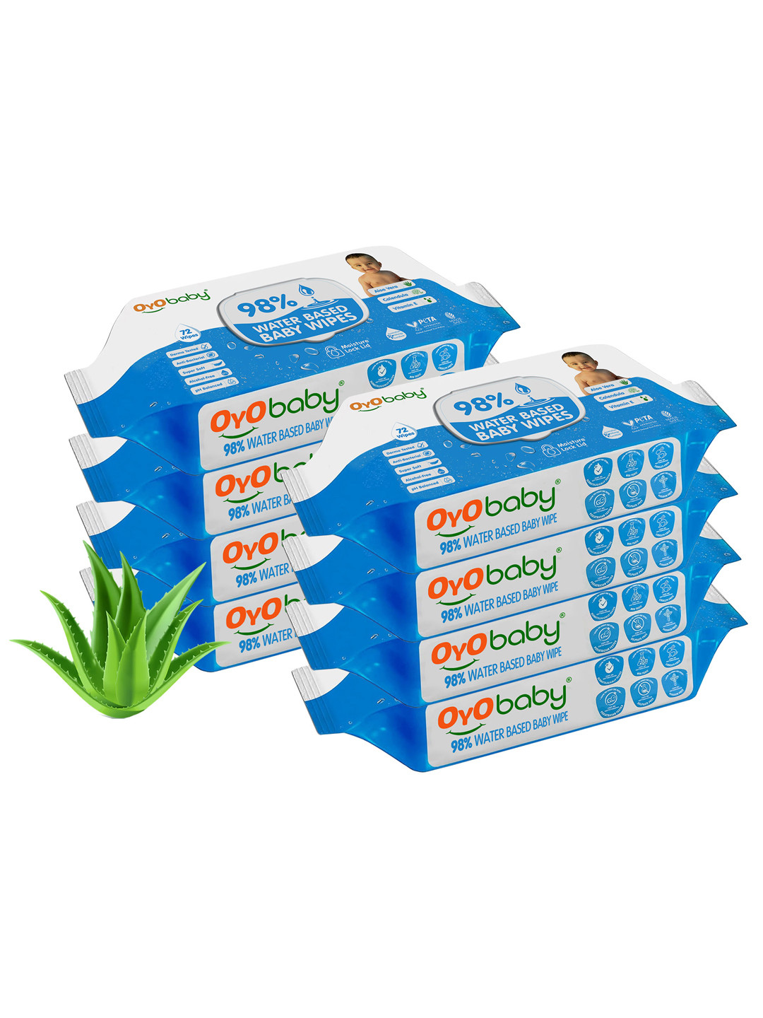OyO Baby Set of 8 Water Based Baby Wipes with Aloe Vera - 72 Wipes Per Pack