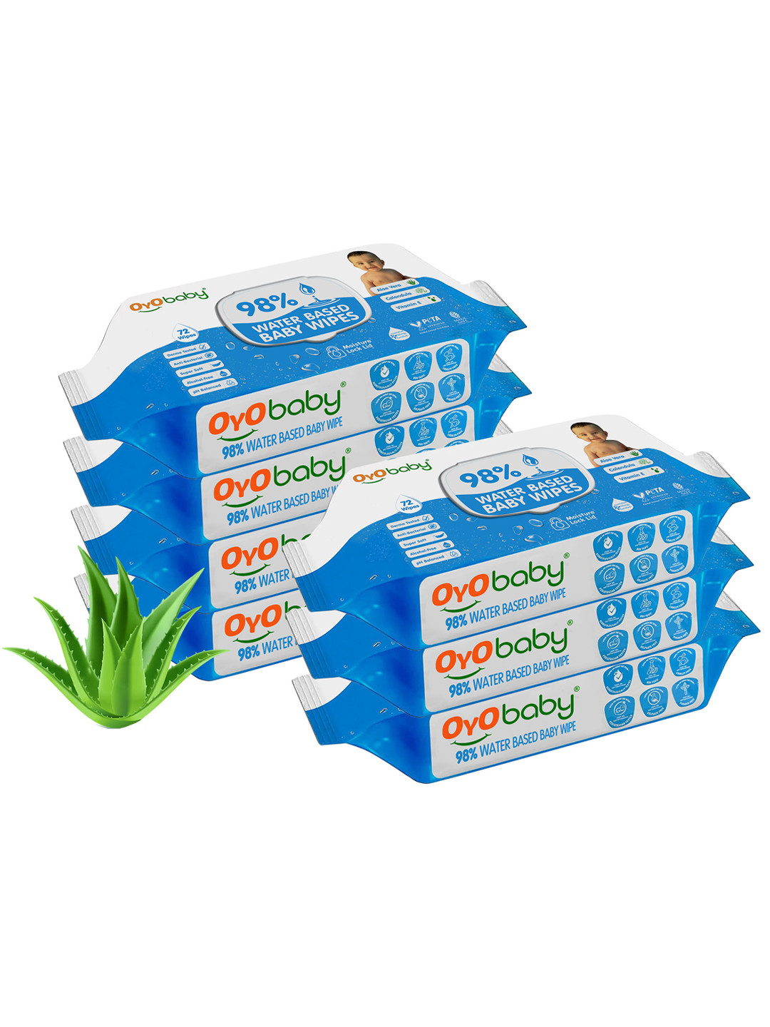 OyO Baby Set of 7 XtraHydrating Water Based Baby Wipes - 72 Wipes Per Pack