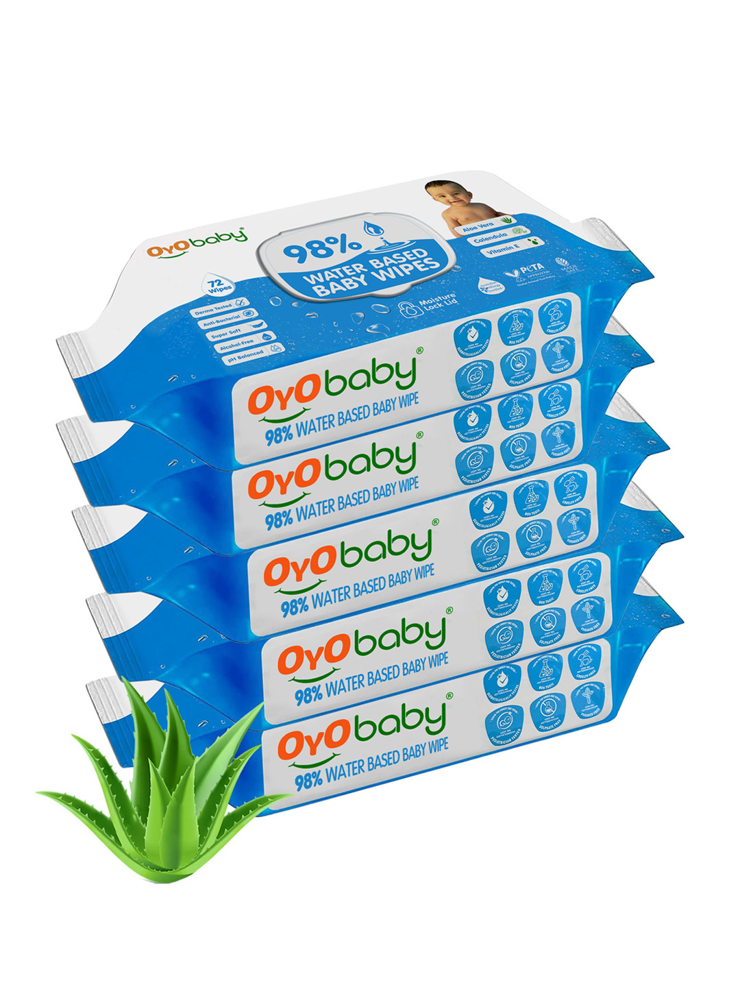 OyO Baby Set of 5 XtraHydrating Water Based Baby Wipes - 72 Wipes Per Pack