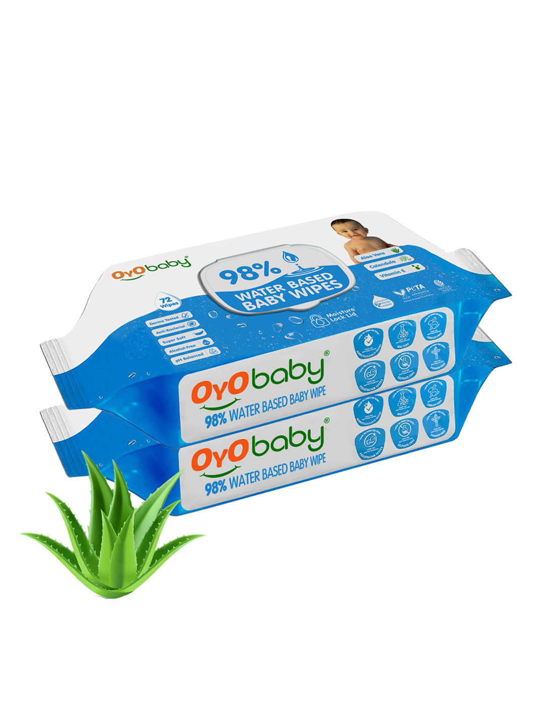 OyO Baby Set of 2 Water Based Baby Wipes with Aloe Vera - 72 Wipes Per Pack