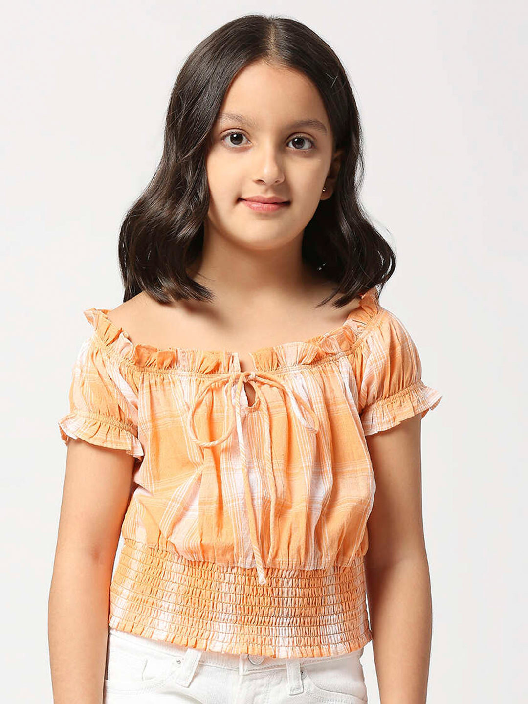 Pepe Jeans Girls Checked Off-Shoulder Smocked Cotton Blouson Top