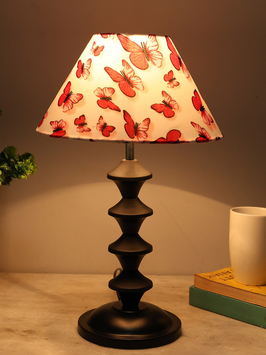 Homesake White & Red Butterflies Printed Fabric Shade With Metal Base Table Lamp