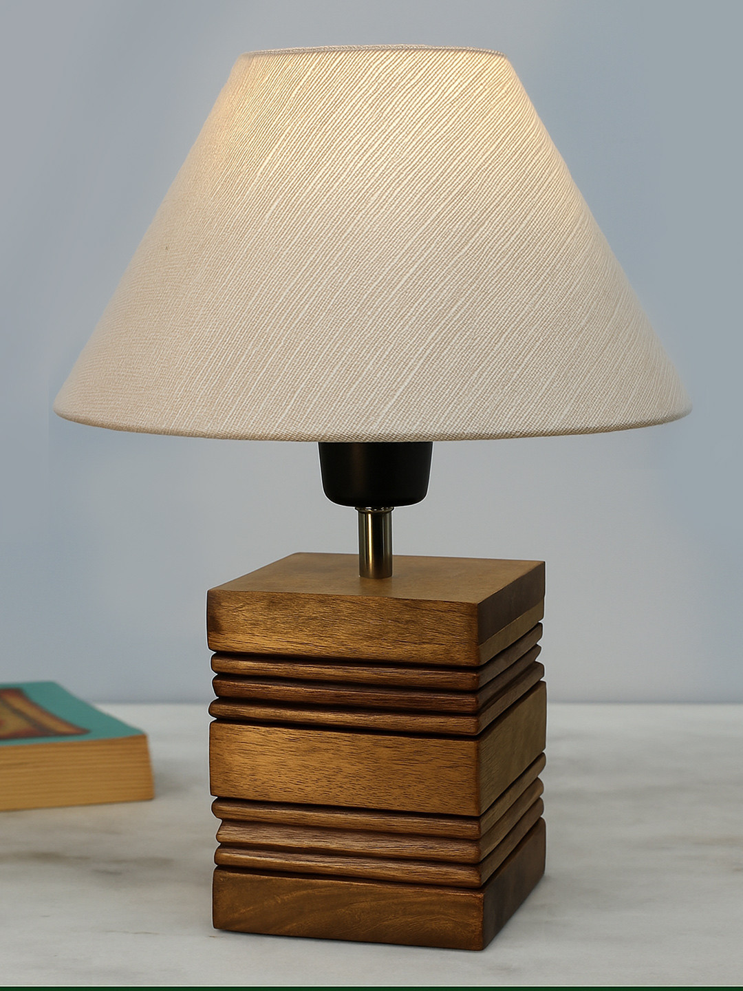 Homesake Brown & Beige Textured Wooden Table Lamp With Jute Lampshade