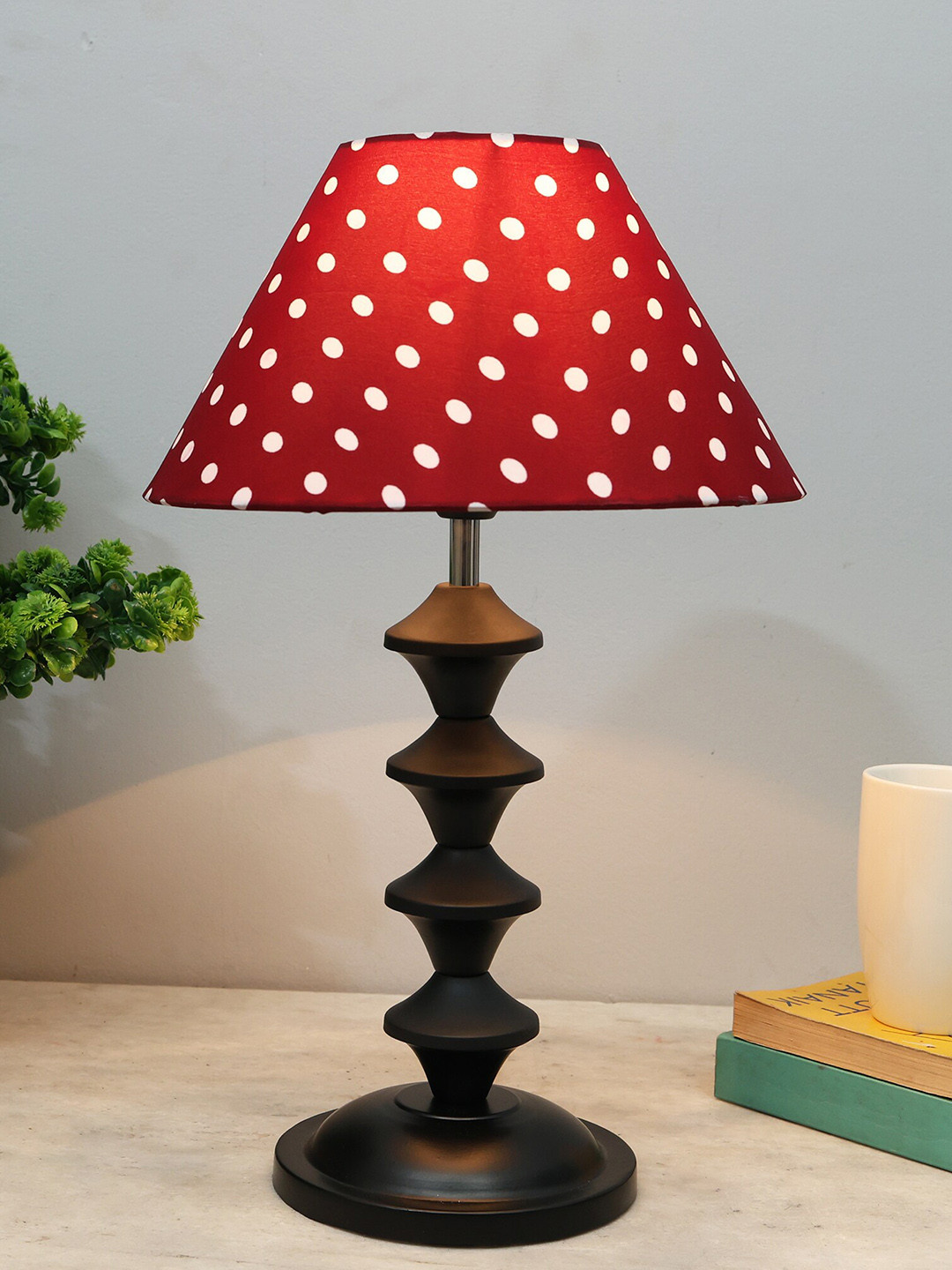Homesake Red & Black Dot Printed Fabric Shade With Textured Metal Pillar Base Table Lamp