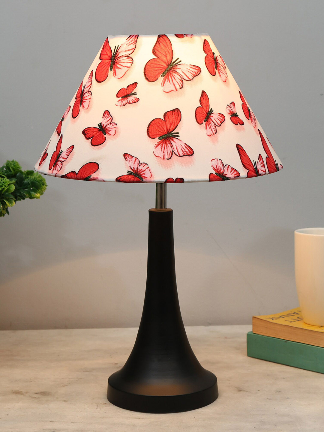 Homesake White & Red Butterflies Printed Fabric Shade Metal Base Table Lamp