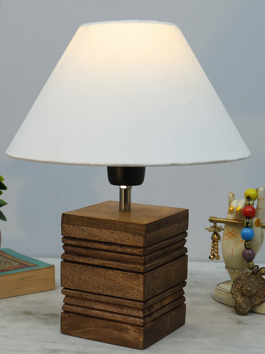 Homesake White & Beige Fabric Shade Textured Modern Wooden Base Table Lamp