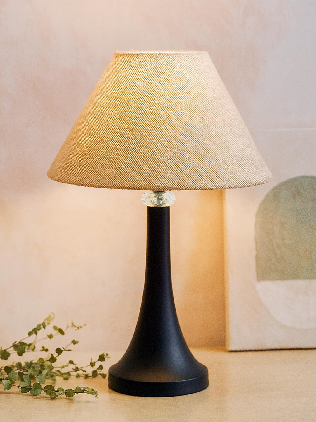 Homesake Brown & Black Matte Finish Table Lamp With Textured Jute Lampshade
