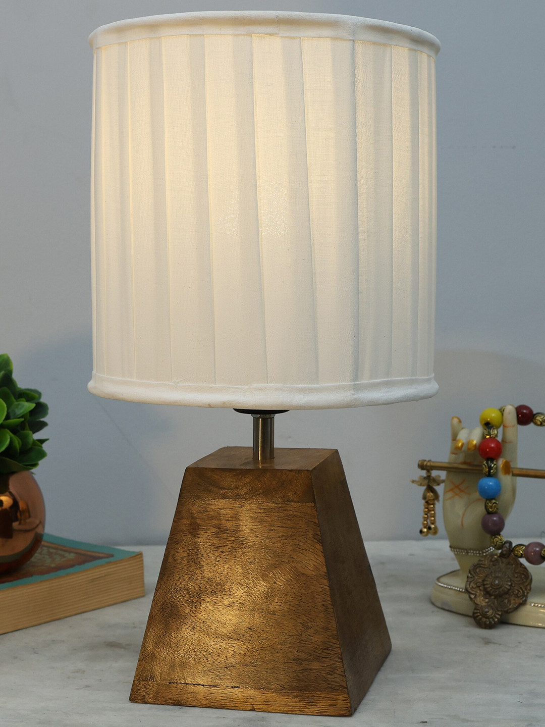 Homesake White & Brown Frill Fabric Shade Wooden Base Table Lamp