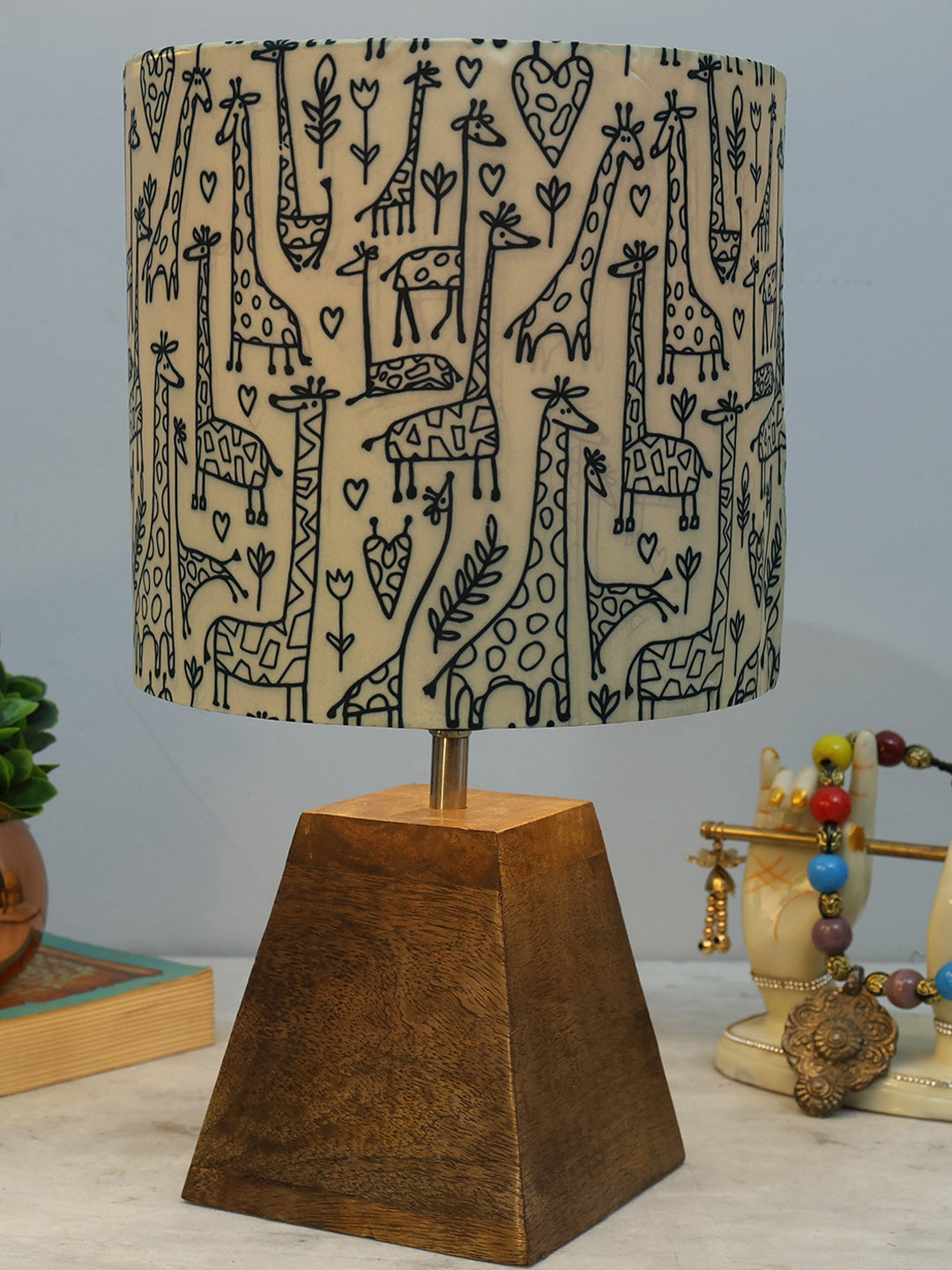 Homesake Yellow & Brown Printed Fabric Shade With Wooden Base Table Lamp