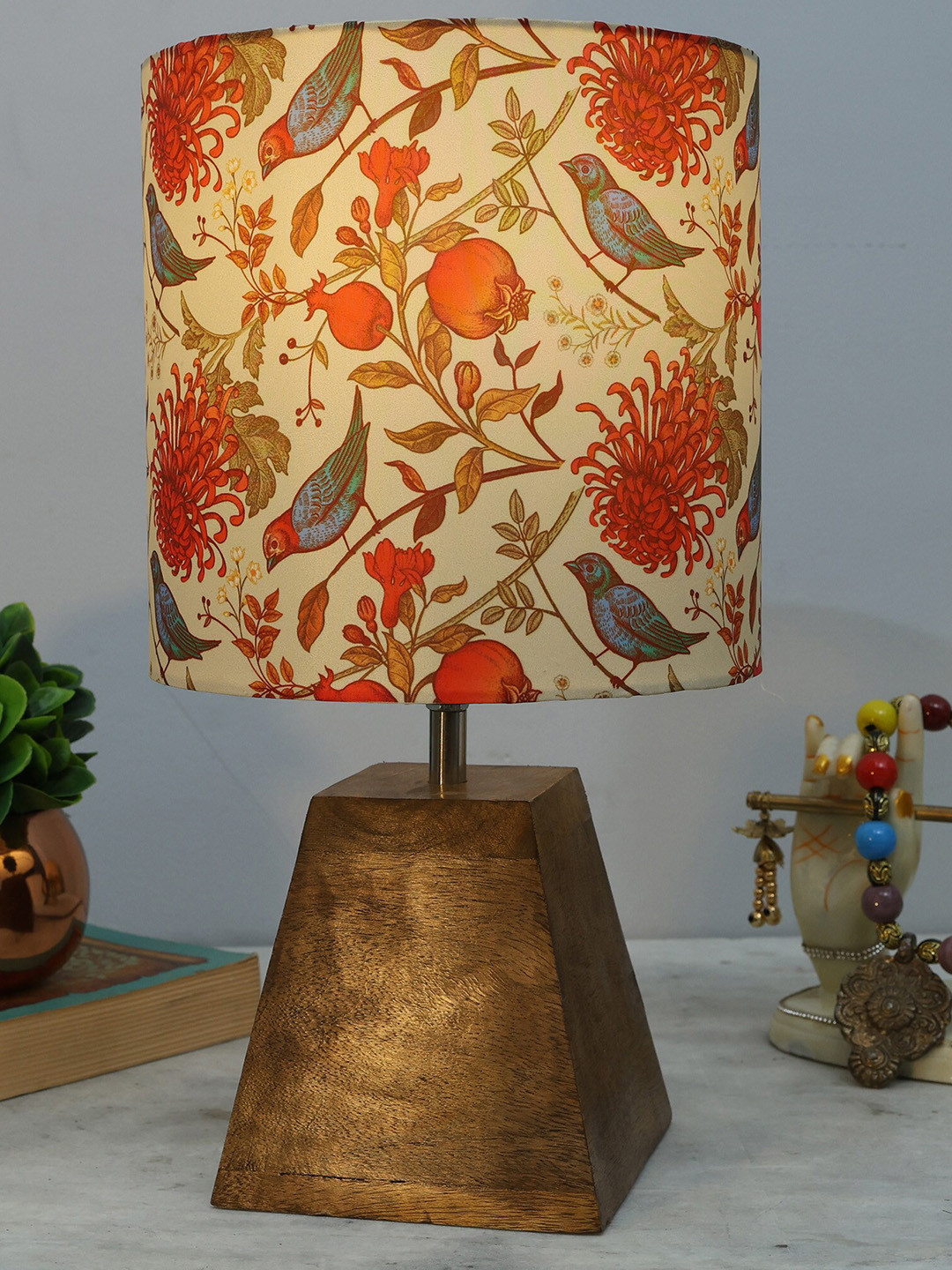 Homesake Orange-Coloured & Brown Printed Fabric Shade With Wooden Base Table Lamp
