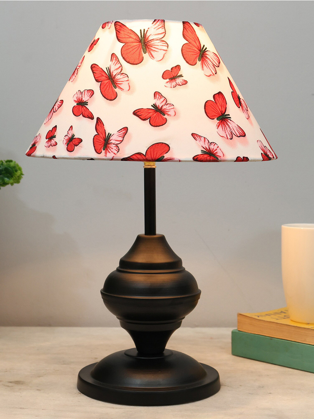 Homesake White & Red Butterflies Printed Fabric Shade With Textured Metal Base Table Lamp