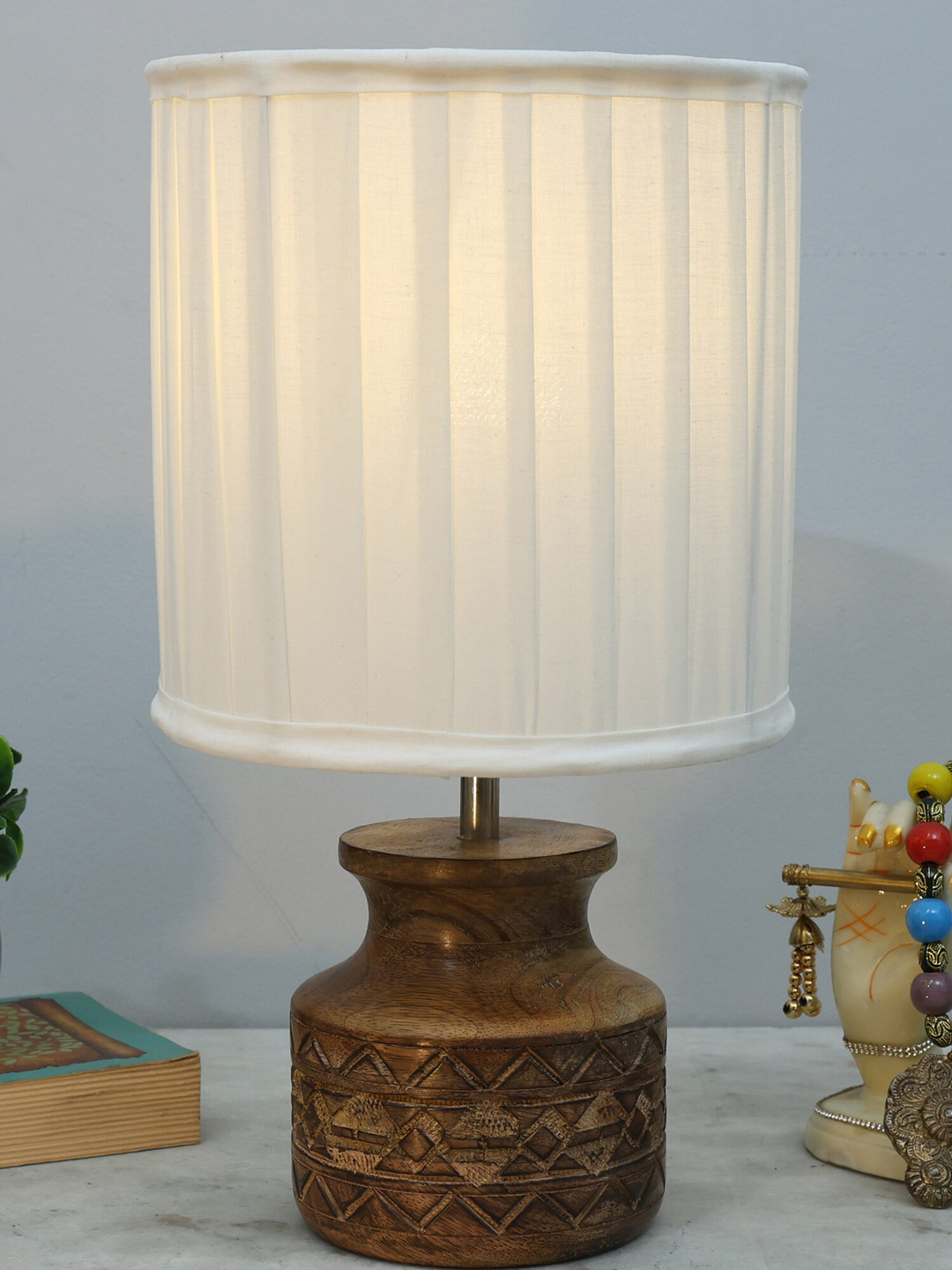 Homesake White & Brown Textured Fabric Shade With Wooden Base Table Lamp
