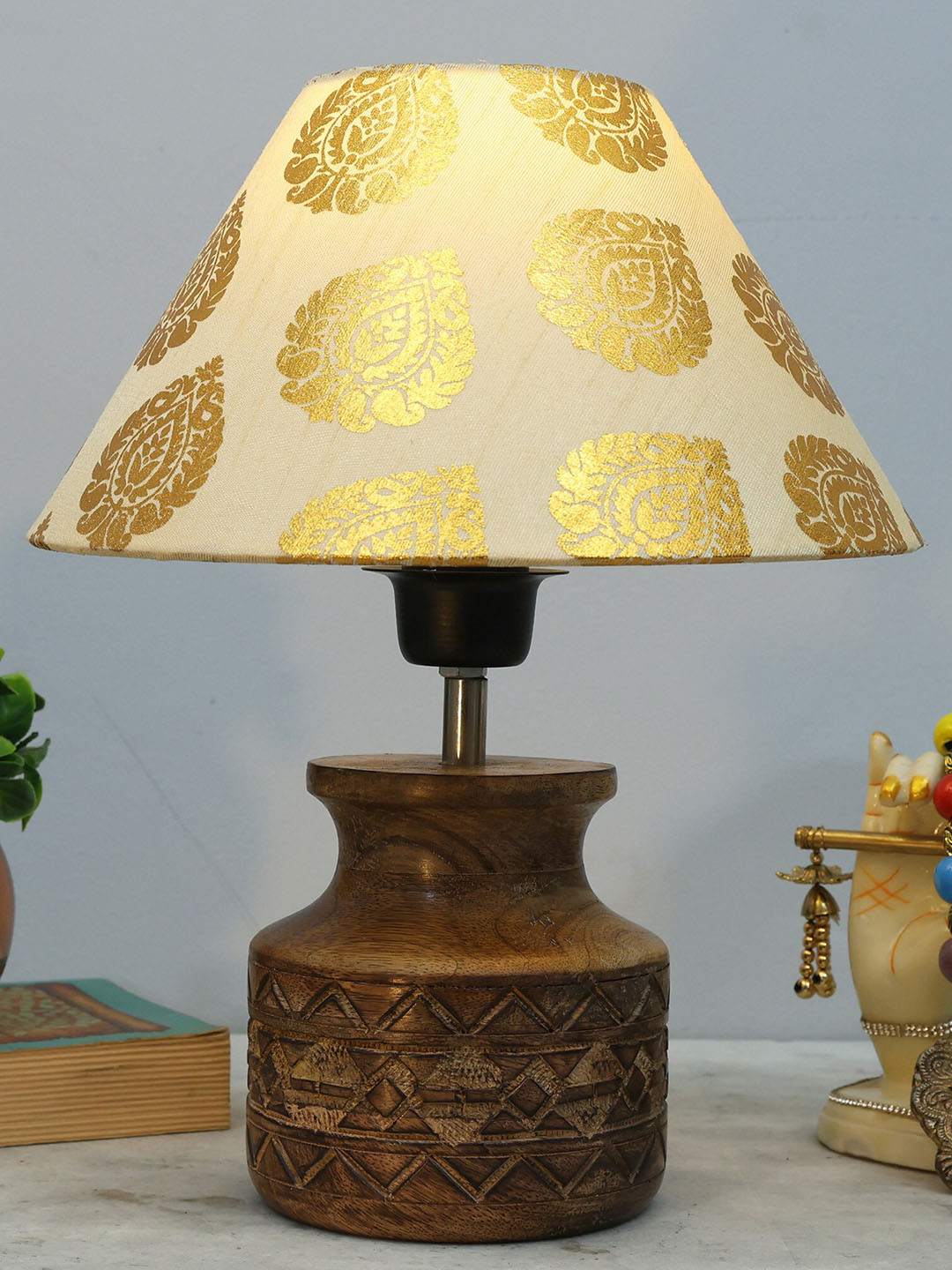 Homesake Golden & Brown Printed Fabric Shade With Wooden Base Table Lamp