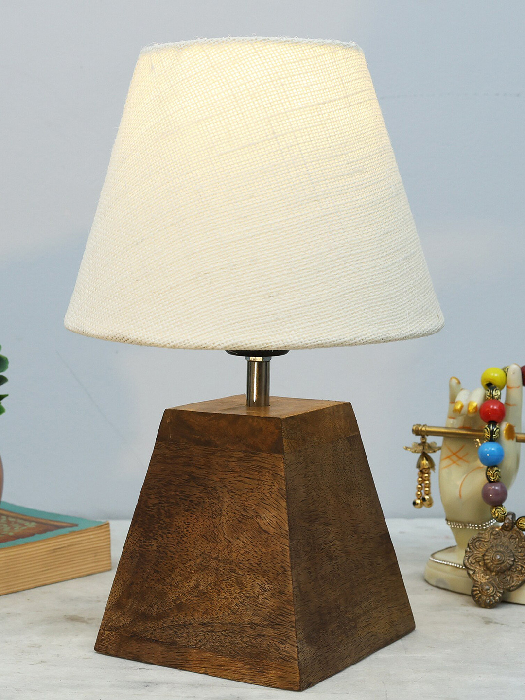 Homesake White & Brown Textured Fabric Shade With Wooden Base Table Lamp