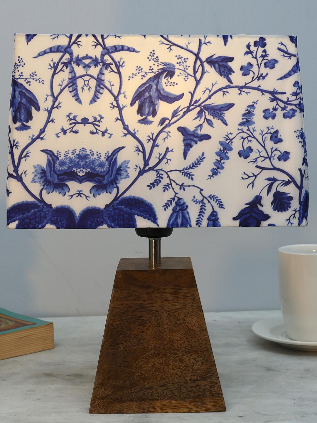 Homesake Blue & Brown Printed Fabric Shade With Wooden Base Table Lamp