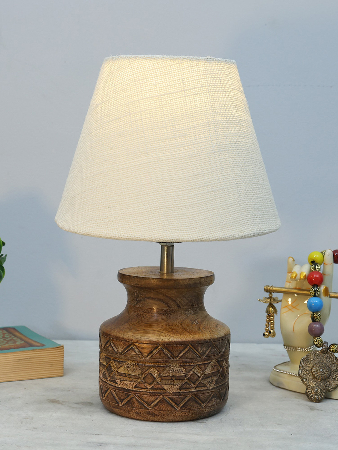 Homesake White & Brown Textured Jute Shade With Wooden Base Table Lamp