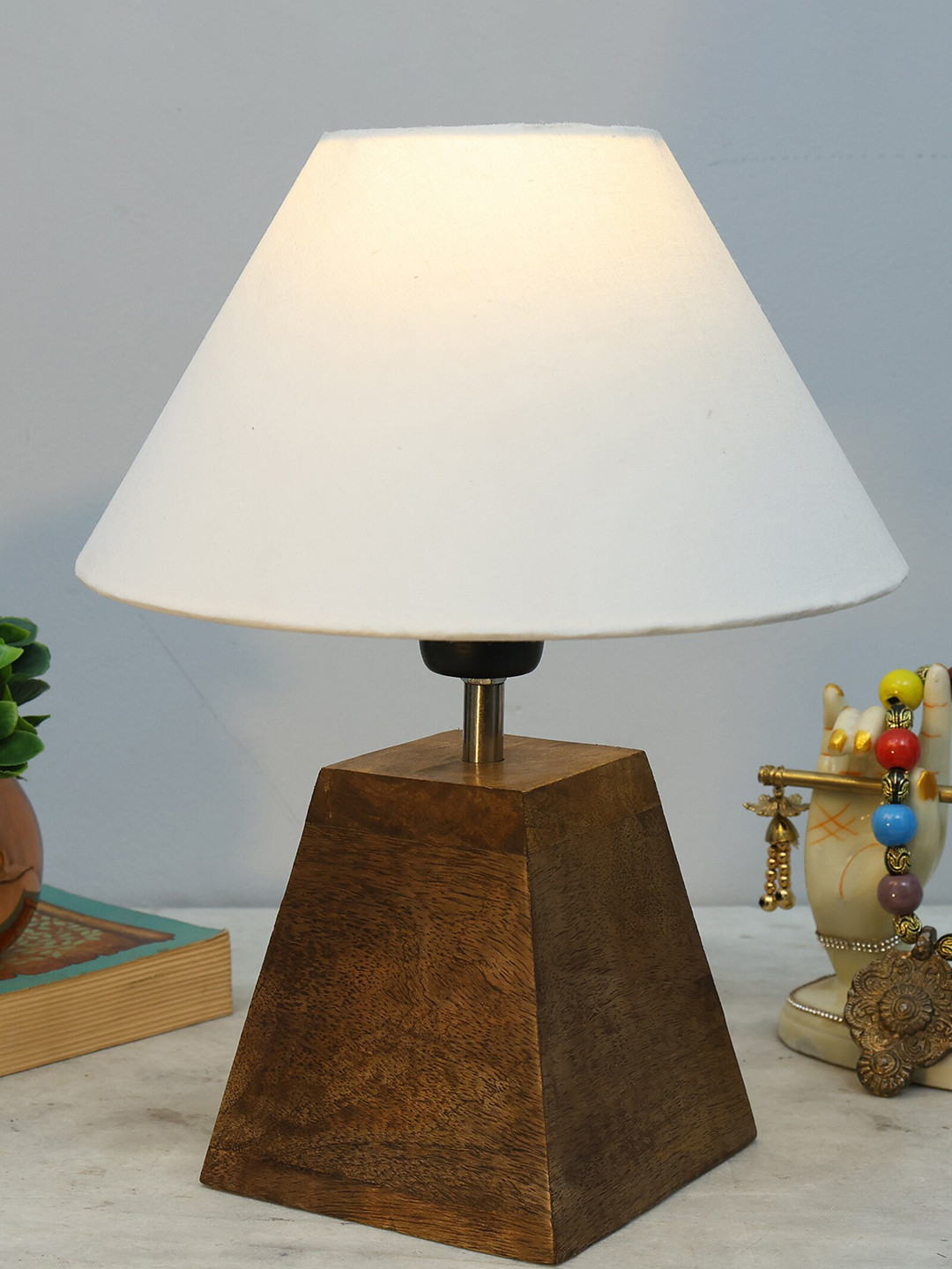 Homesake Beige & Brown Textured Fabric Shade With Wooden Base Table Lamp