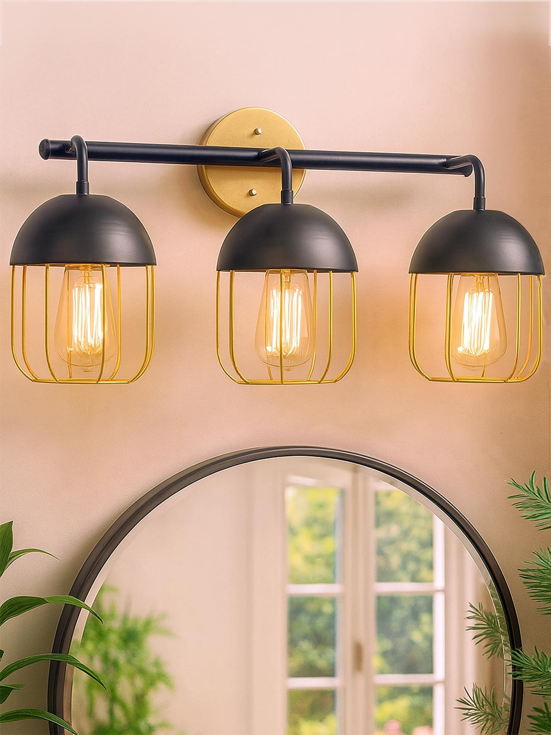 Homesake Gold-Toned & Black 3 Cage Textured Metal Bathroom Wall Lamp