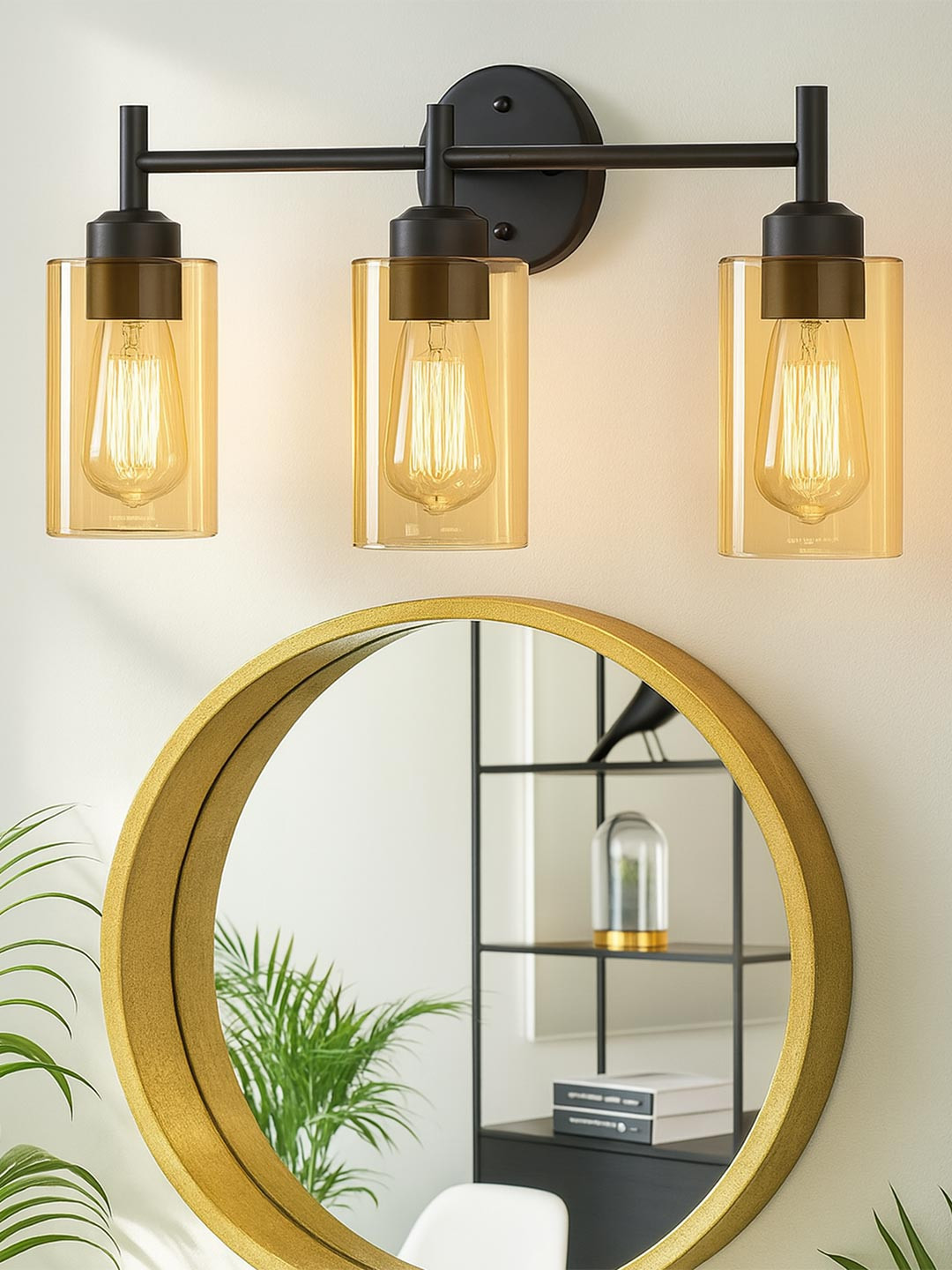 Homesake Black & Amber-Brown 3 Matte  Finish Glass Bathroom Wall Lamp