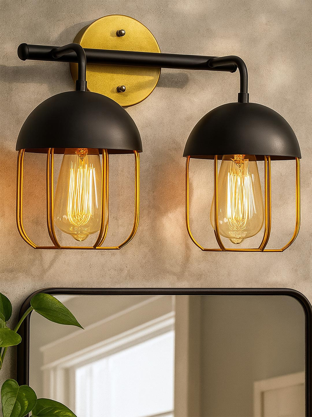 Homesake Gold-Toned & Black Dual Cage Textured Metal Bathroom Wall Lamp