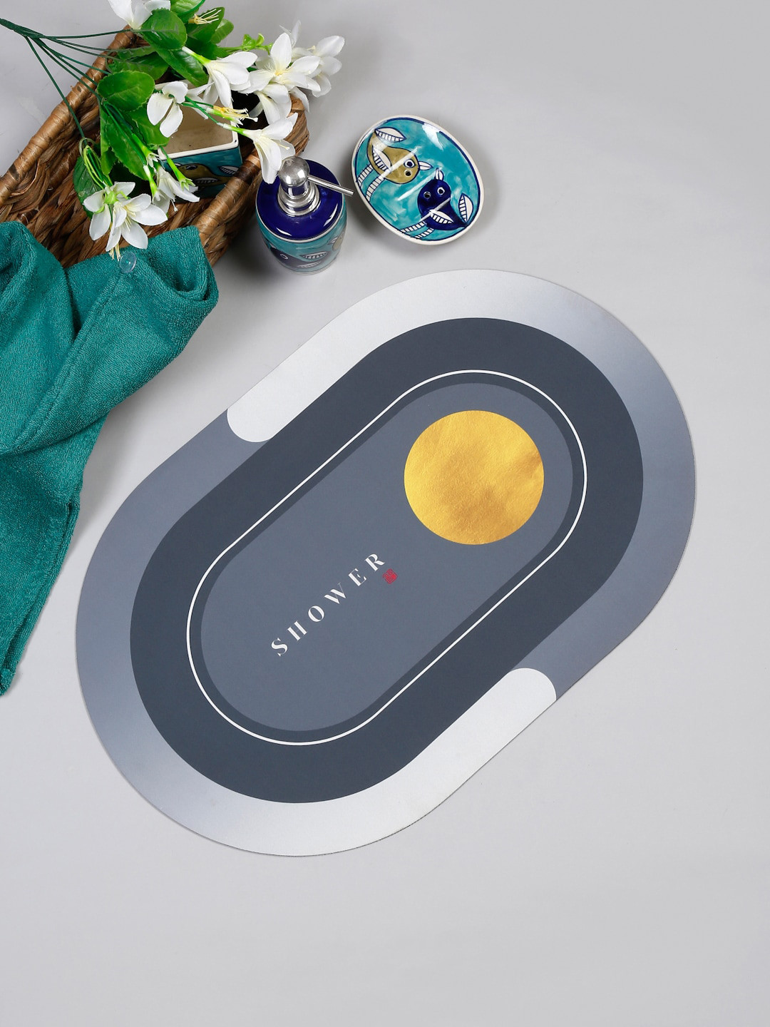 HOSTA HOMES Grey & Yellow Printed Anti-Skid Water Soaking Doormat