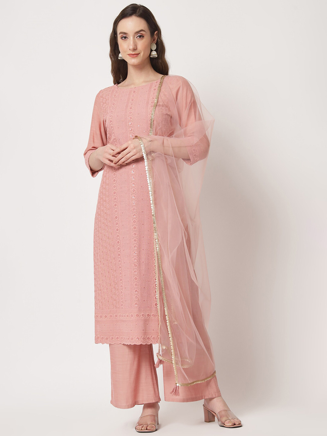 Shopping Queen Ethnic Motifs Embroidered Chikankari Kurta With Palazzos & Dupatta