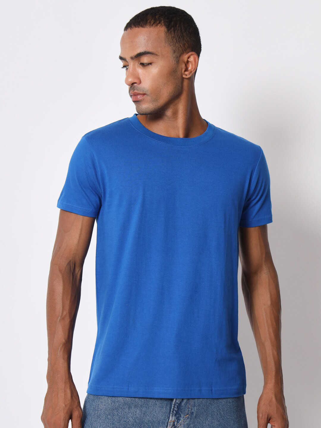 Royal Blue Round Neck Cotton Regular Fit Casual T-shirt