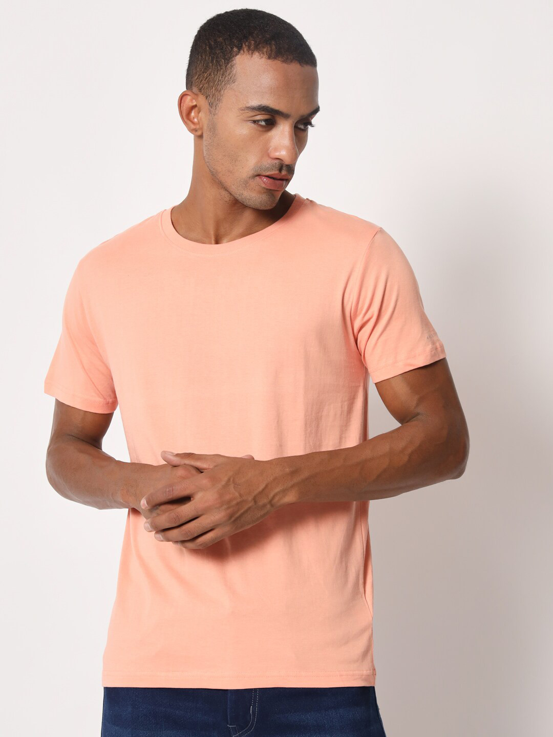 Peach Round Neck Cotton Regular Fit T-shirt