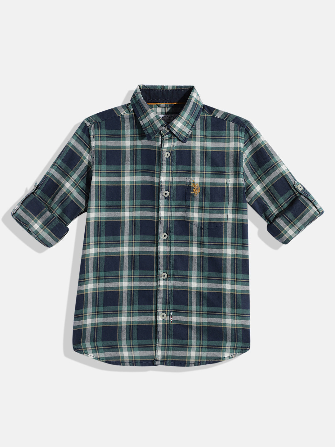 U.S. Polo Assn. Kids Boys Tartan Checks Opaque Pure Cotton Casual Shirt With Chest Pocket