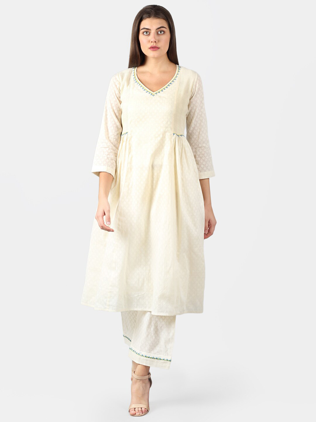 DART STUDIO V-Neck Woven Design Jacquard A-Line Kurta