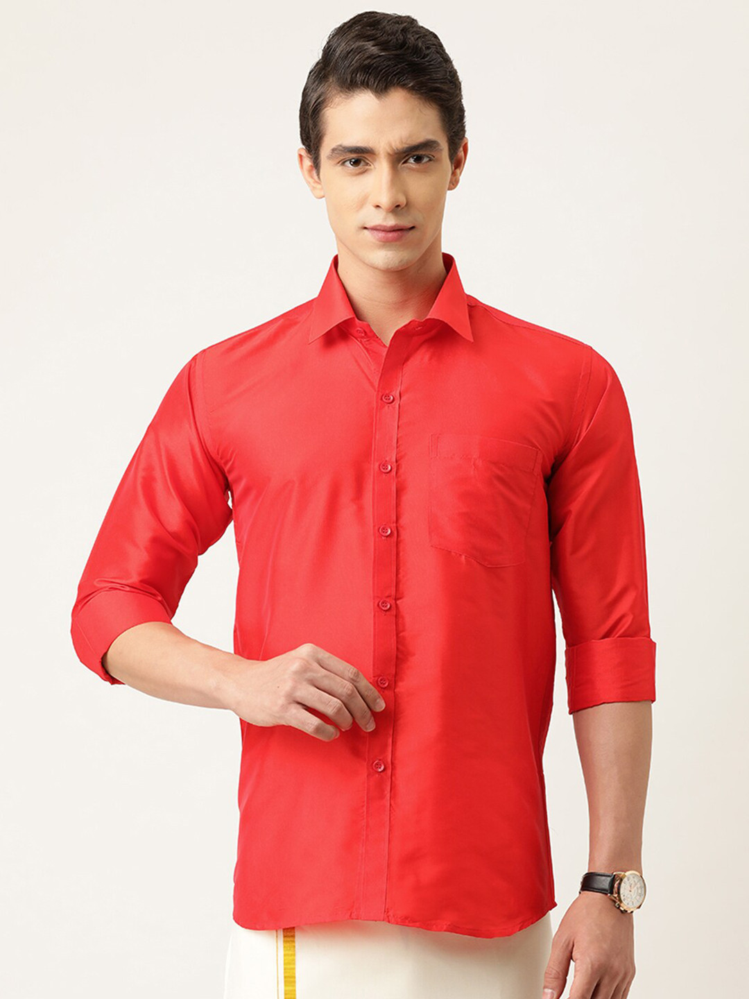 THANGAMAGAN Standard Fit Spread Collar Art Silk Party Wear Shirt