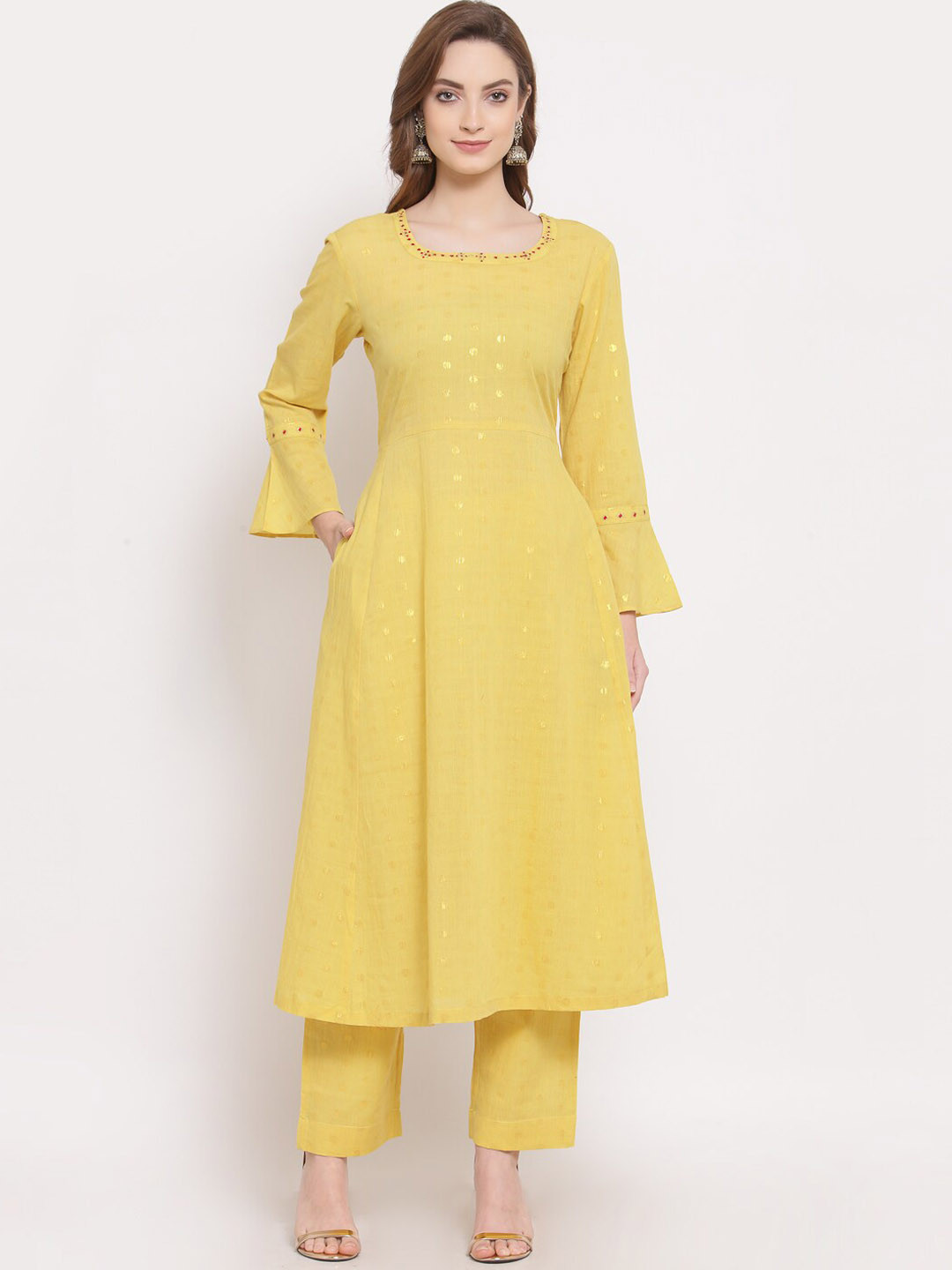 DART STUDIO Woven Design Bell Sleeves Thread Work Pure Cotton Kurta with Trousers
