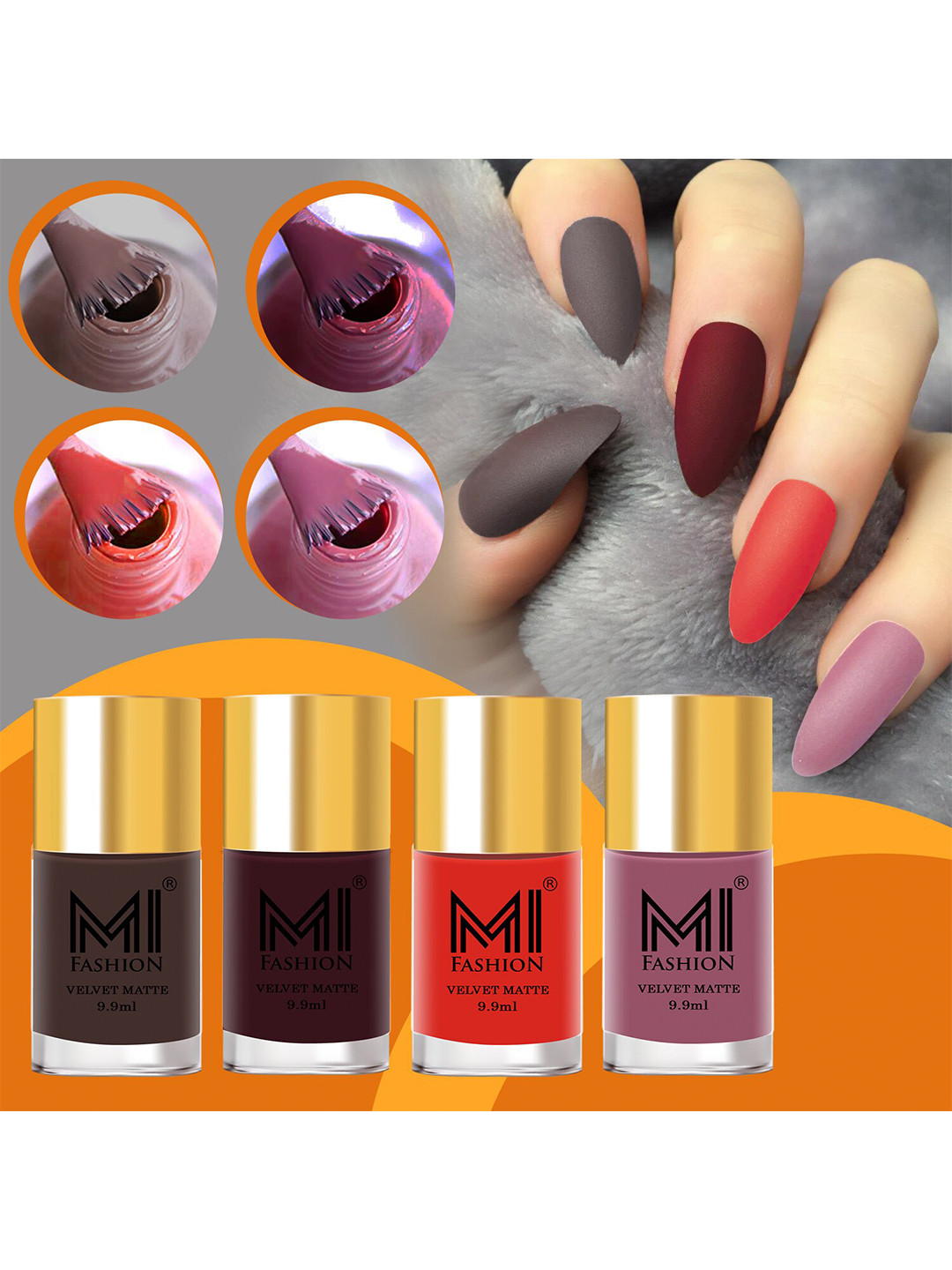 MI FASHION Velvet Matte Set Of 4 Long Lasting Nail Polishes - 9.9ml Each